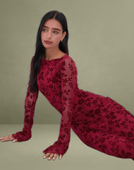 Slokya Long Sleeve Maxi Dress in Vine Floral Flock Cherry