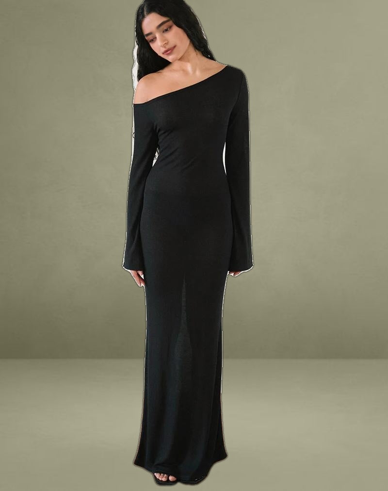Aldiana Long Sleeve Asymmetric Maxi Dress in Sheer Knit Black