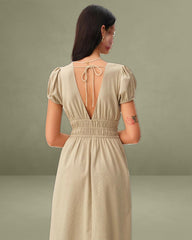 Beige Ruched Puffed Sleeve Midi Dress