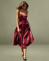 Wine Red Ruched A-Line Slip Midi Dress