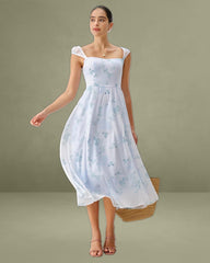 Blue Floral Sweetheart Neck Slip Midi Dress