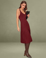 Wine Red Ruched A-Line Sweater Dress