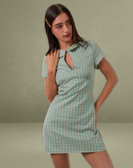 Medora Keyhole Mini Dress in Teal Check
