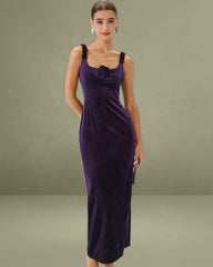 Purple U Neck Bodycon Velvet Maxi Dress