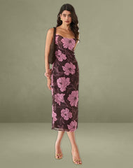 Rujira Cowl Midi Dress in Flare Floral Pink Brown