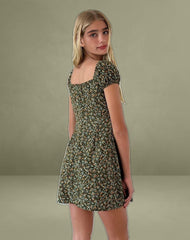 Savio Mini Dress in Grunge Floral Khaki