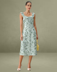 Green Floral Square Neck Ruched Midi Dress