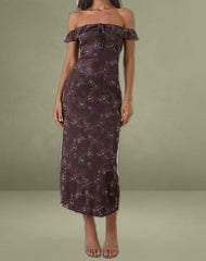 Catrin Midi Dress in Doodle Flower Flock Brown