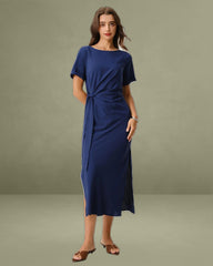 Blue Round Neck Short Sleeve Maxi Dress