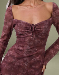 Modena Long Sleeve Mini Dress in Tonal Paisley Plum