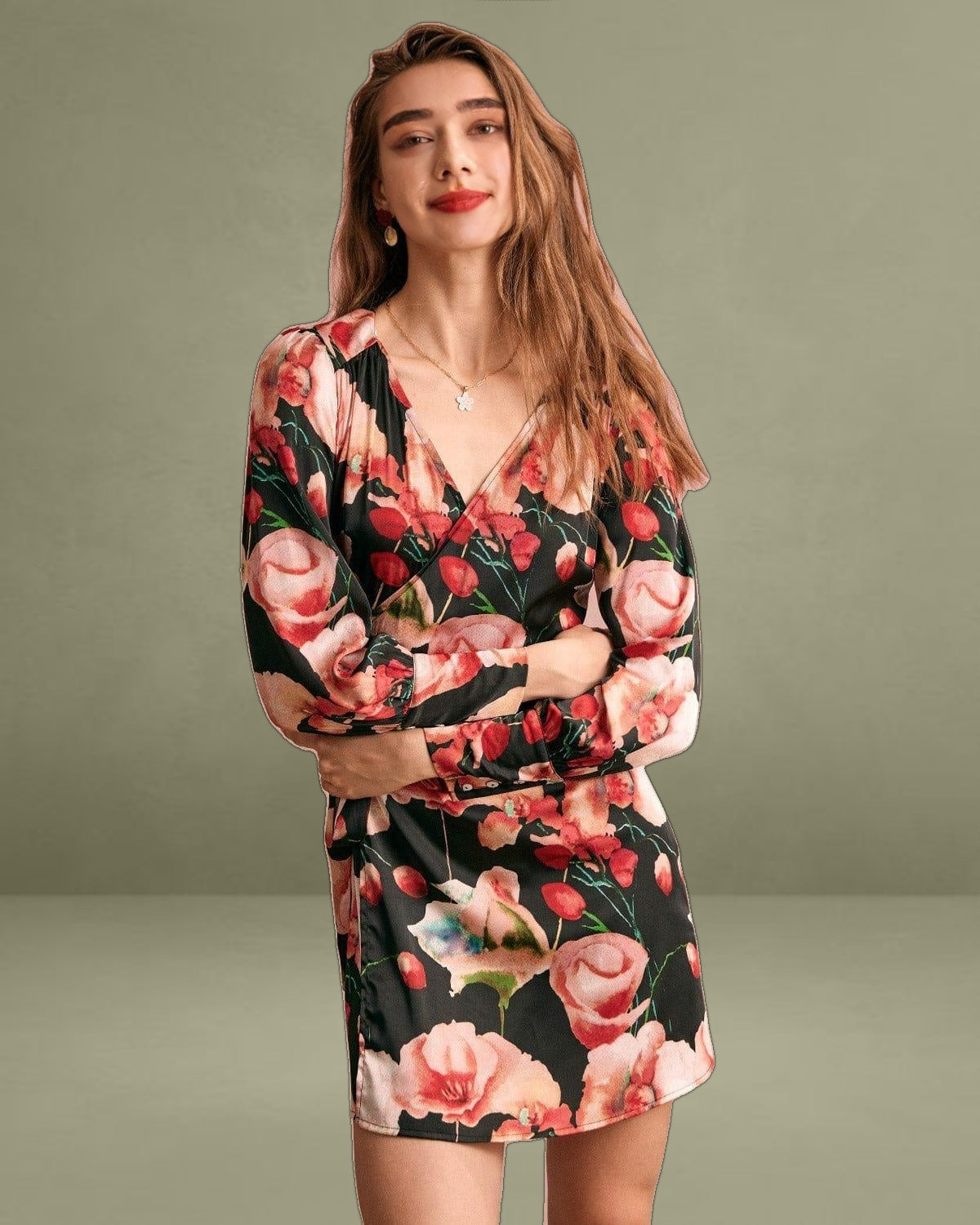 The V Neck Long Sleeve Floral Wrap Mini Dress