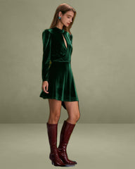 Green Stand Cut-Out Velvet Mini Dress