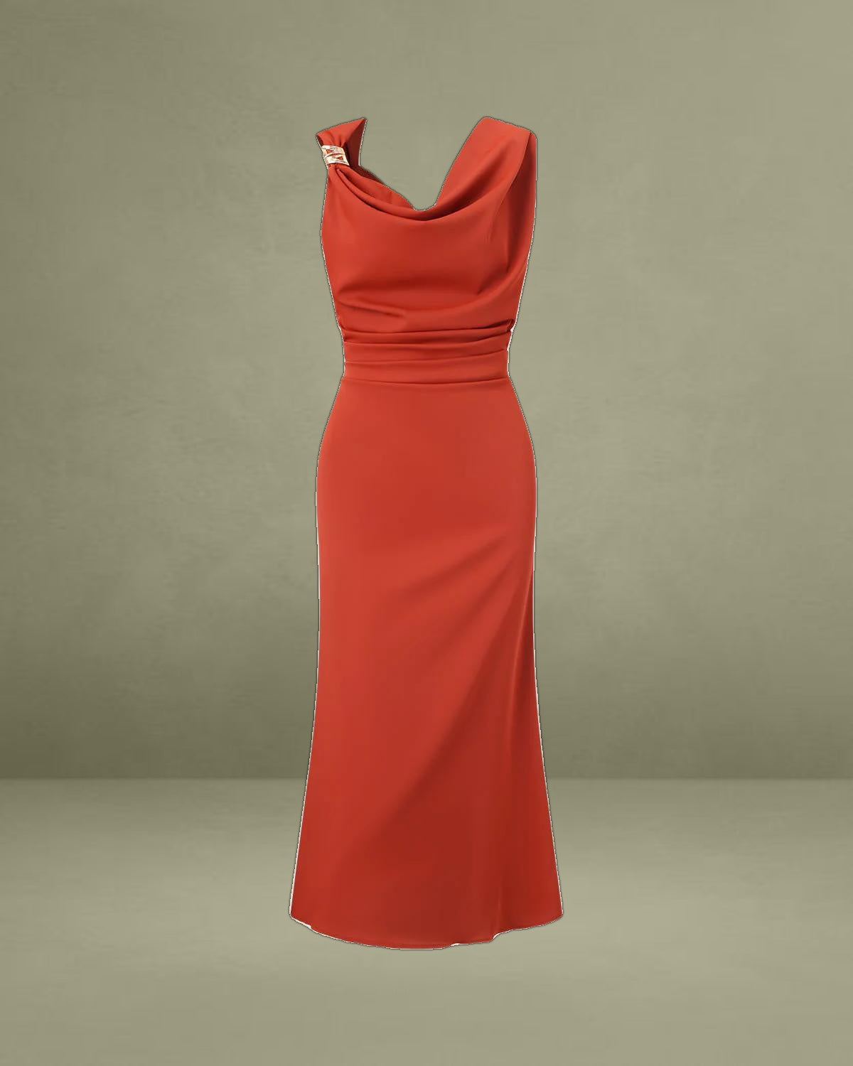 Brick Red Cowl Neck Sleeveless Midi Dress