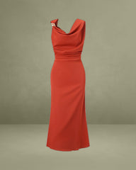 Brick Red Cowl Neck Sleeveless Midi Dress