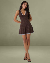 Luscian Mini Dress in Lace Chocolate with Blue Binding