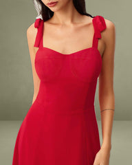 Red Sweetheart Neck Tie Strap Midi Dress