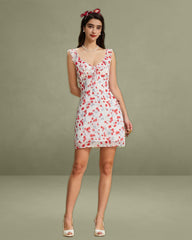 White Floral V Neck Ruffle Mini Dress