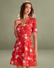 Red Floral A-Line Wrap Mini Dress