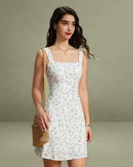 White Floral Square Neck Slip Mini Dress