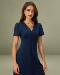 Blue V Neck Button Pleated Midi Dress