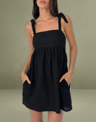 Kayla Square Neck Mini Dress in Linen Black