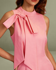 Pink Turtleneck Bowknot Satin Midi Dress