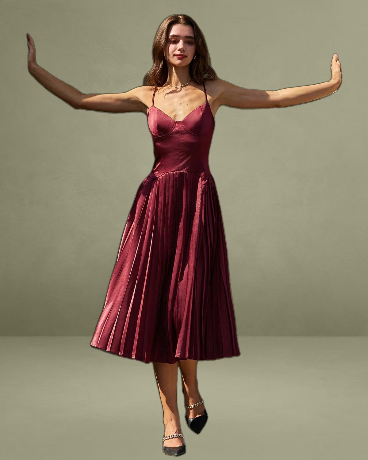 Wine Red Ruched A-Line Slip Midi Dress