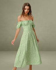 Green Floral Square Neck Puffed Sleeve Midi Dress