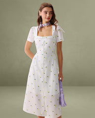 White Fruit Square Neck Midi Dress