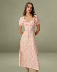 Pink Floral Square Neck Puffed Sleeve Midi Dress