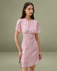 Pink Floral Round Neck Pleated Mini Dress