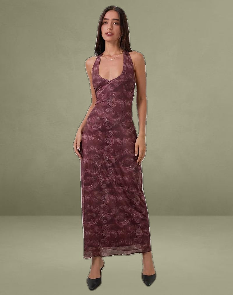 Datari Maxi Dress in Mesh Tonal Paisley Plum