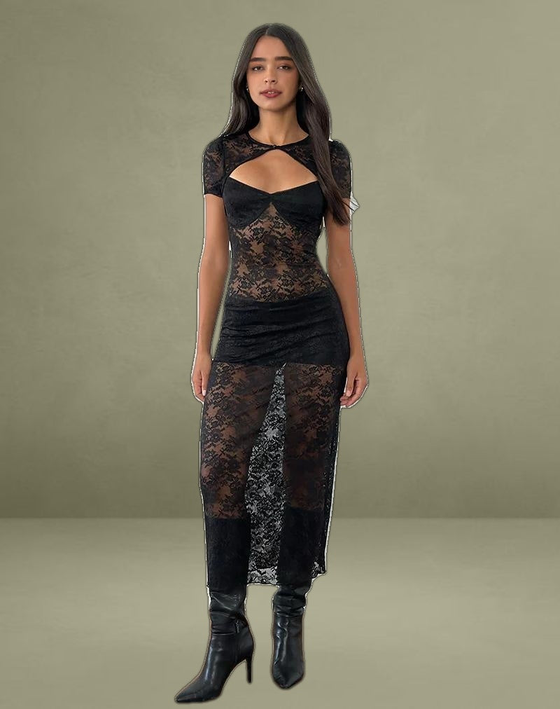Rium Unlined Midi Dress in Lace Black
