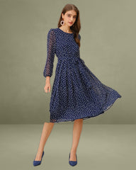 Blue Polka Dot A-Line Midi Dress