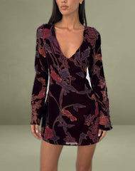 Alitra Mini Dress in Floral Devore Burgundy