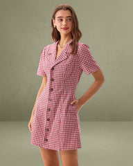 Red Plaid Pocket Button Mini Dress