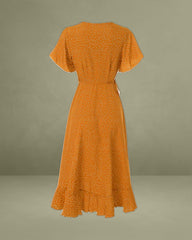 Yellow Polka Dot Ruffled Wrap Dress