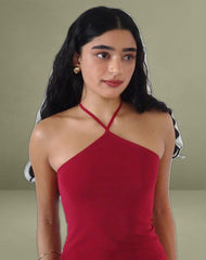 Ribka Halterneck Midi Dress in Mesh Cherry