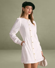 The White Round Neck Button Mini Dress