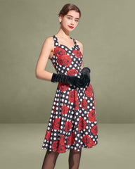 The Sweetheart Neck Polka Dot Rose Halter Midi Dress