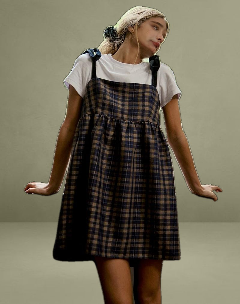 Mikayla Square Neck Mini Dress in Navy and Mustard Check