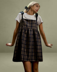 Mikayla Square Neck Mini Dress in Navy and Mustard Check