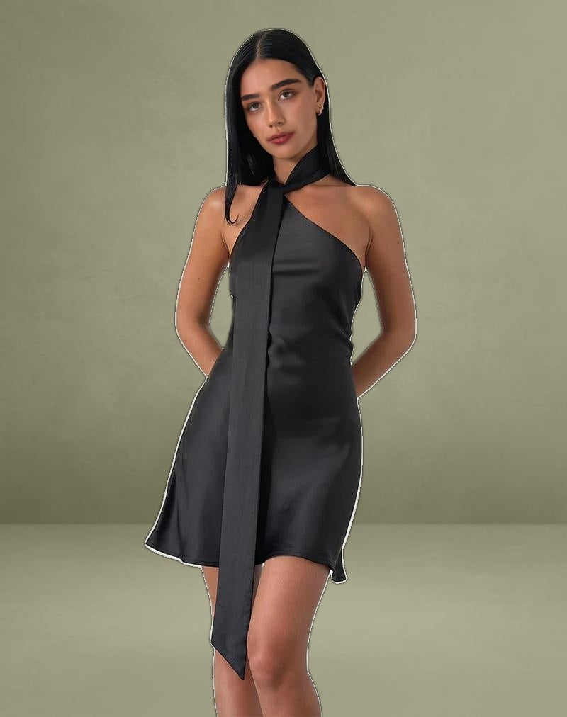 Brigid One Shoulder Satin Dress in Black