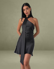 Brigid One Shoulder Satin Dress in Black