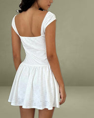 Misty Mini Tea Dress in Broderie White