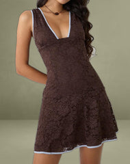 Luscian Mini Dress in Lace Chocolate with Blue Binding