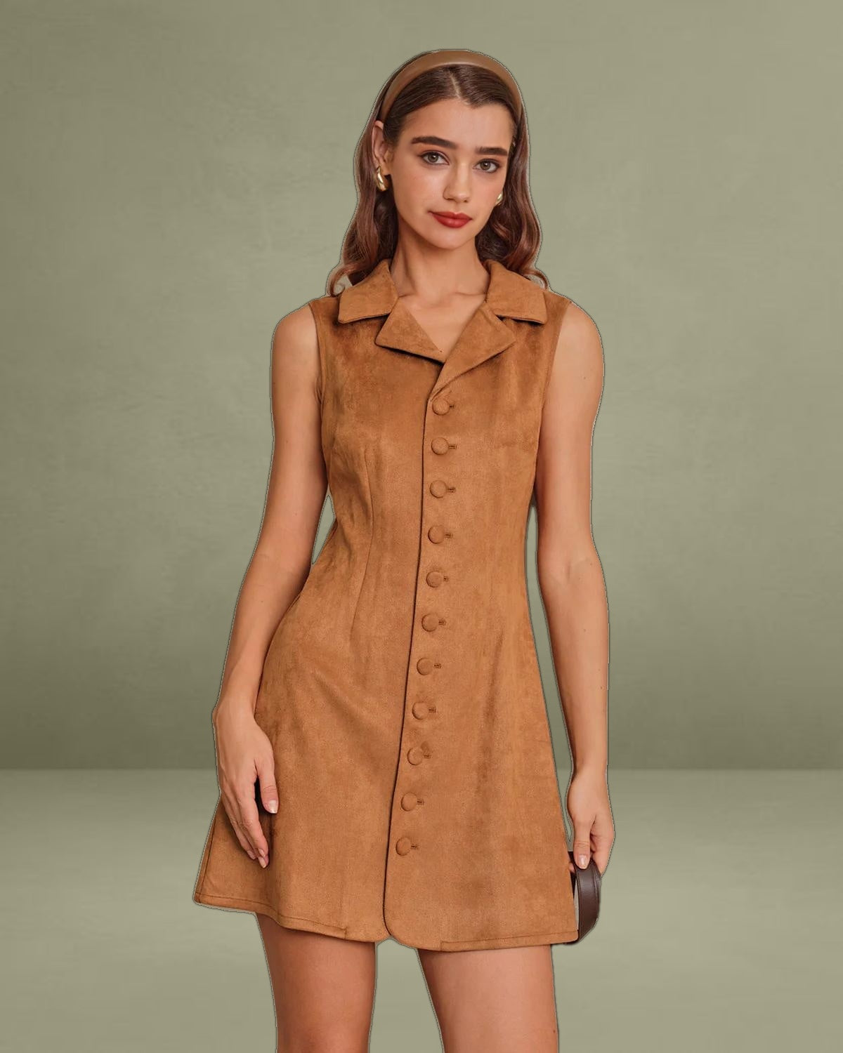 Caramel Suede A-Line Sleeveless Mini Dress