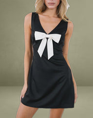 Faradiba Mini Dress in Satin Black with Ivory Bow