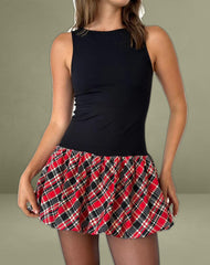 Ortega Mini Dress in Black with Diagonal Check Red