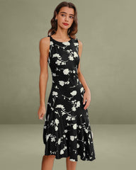 Black Floral Mermaid Sleeveless Midi Dress